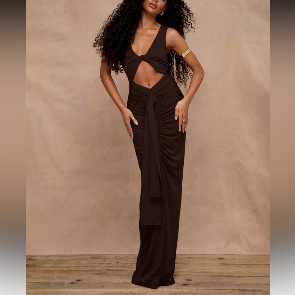 Elegant Brown Cutout Maxi Dress